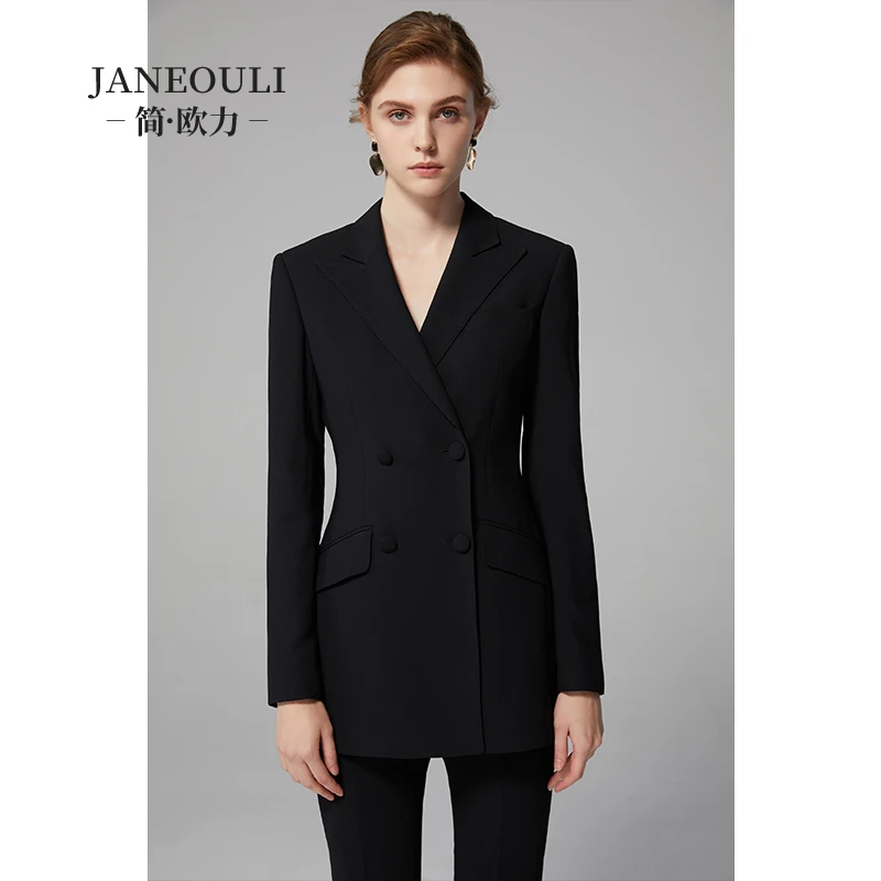 简欧力黑色款商务西装套装女双排扣后开叉九分裤外套气质休闲女款