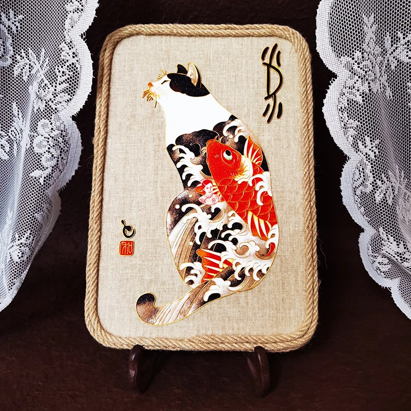 武士猫日本浮世绘 景韵阁景泰蓝掐丝珐琅画diy材料包桌面摆件非遗
