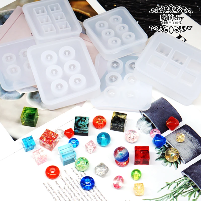 水晶滴胶模具带孔珠子带孔正方体模具6格项链珠子小球模具diy饰品