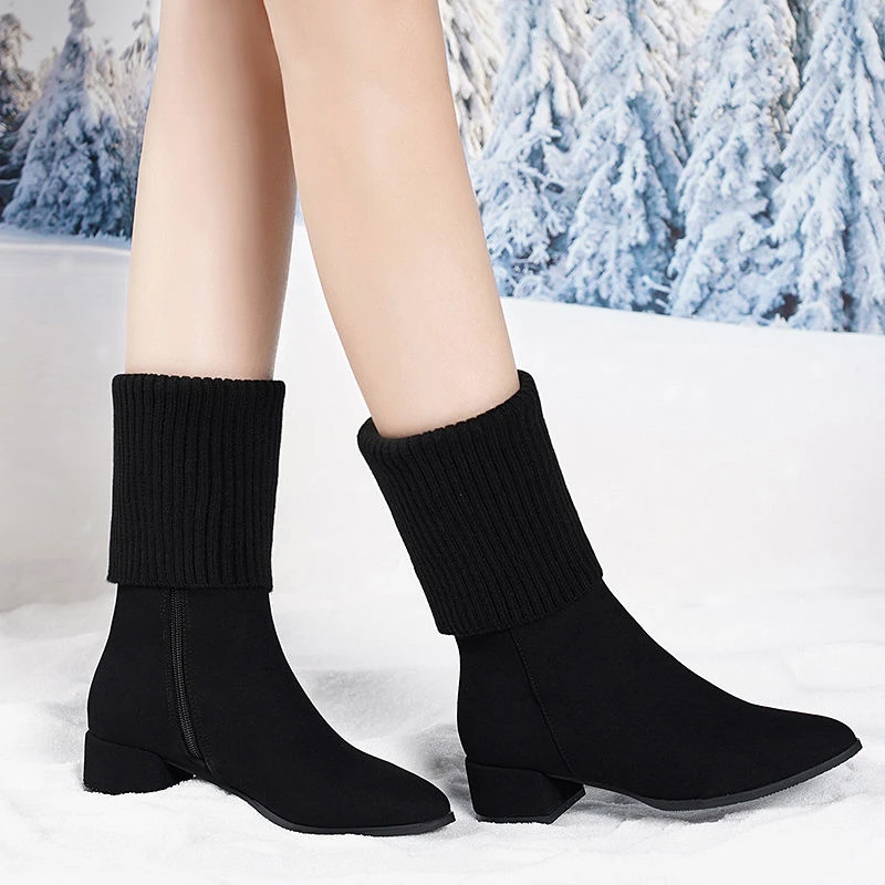一靴两穿秋冬款尖头针织毛线加绒弹力靴粗跟百搭高跟中筒靴瘦瘦靴