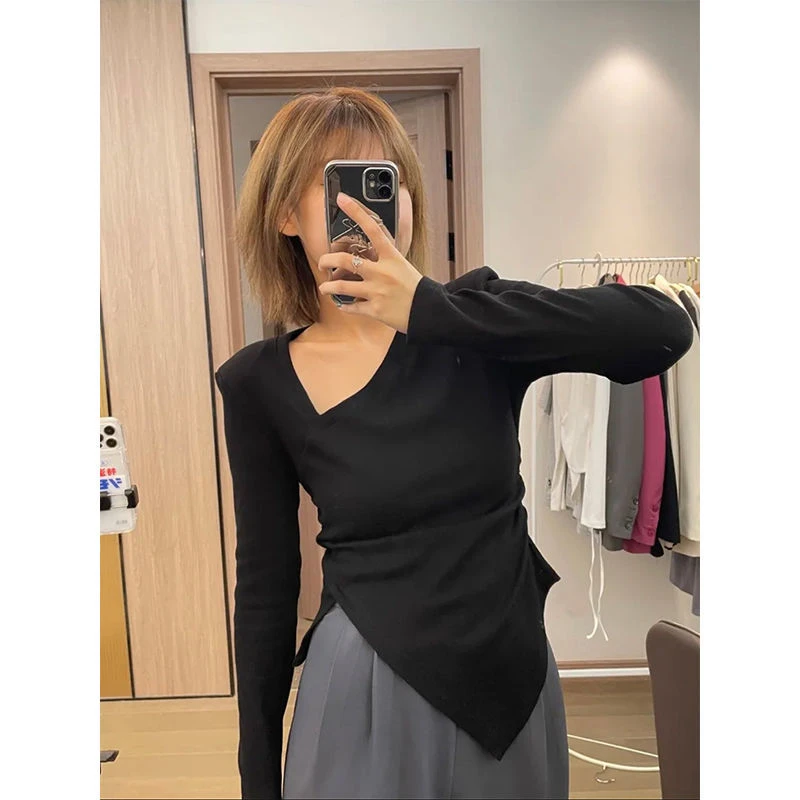 春秋新款大码女装秋季新款百搭显瘦长袖设计感T恤不规则上衣女
