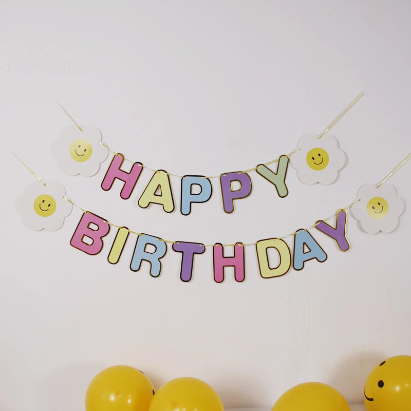新款小雏菊生日字母拉挂旗ins小红书同款 马卡龙彩色儿童生日装饰