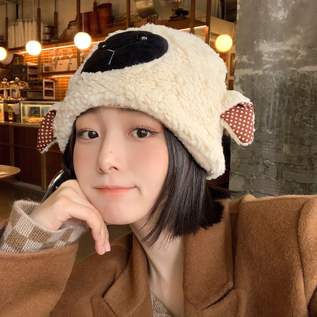 202４韩版保暖网红款卡通小羊帽子女秋冬季保暖可爱毛绒套头护耳帽