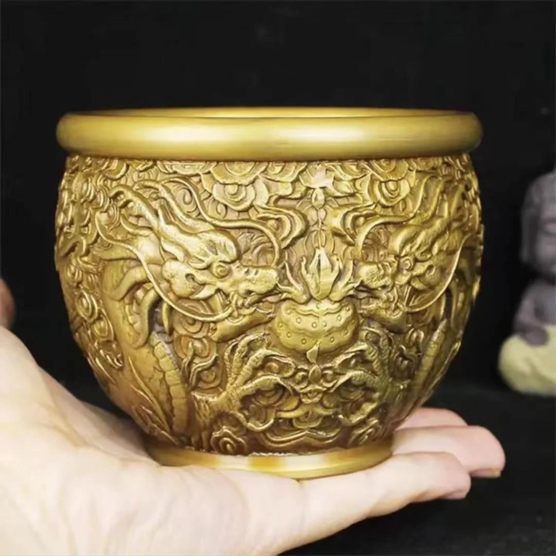 【铜芯铜艺】【可免费刻字】黄铜双龙戏珠蟠龙缸