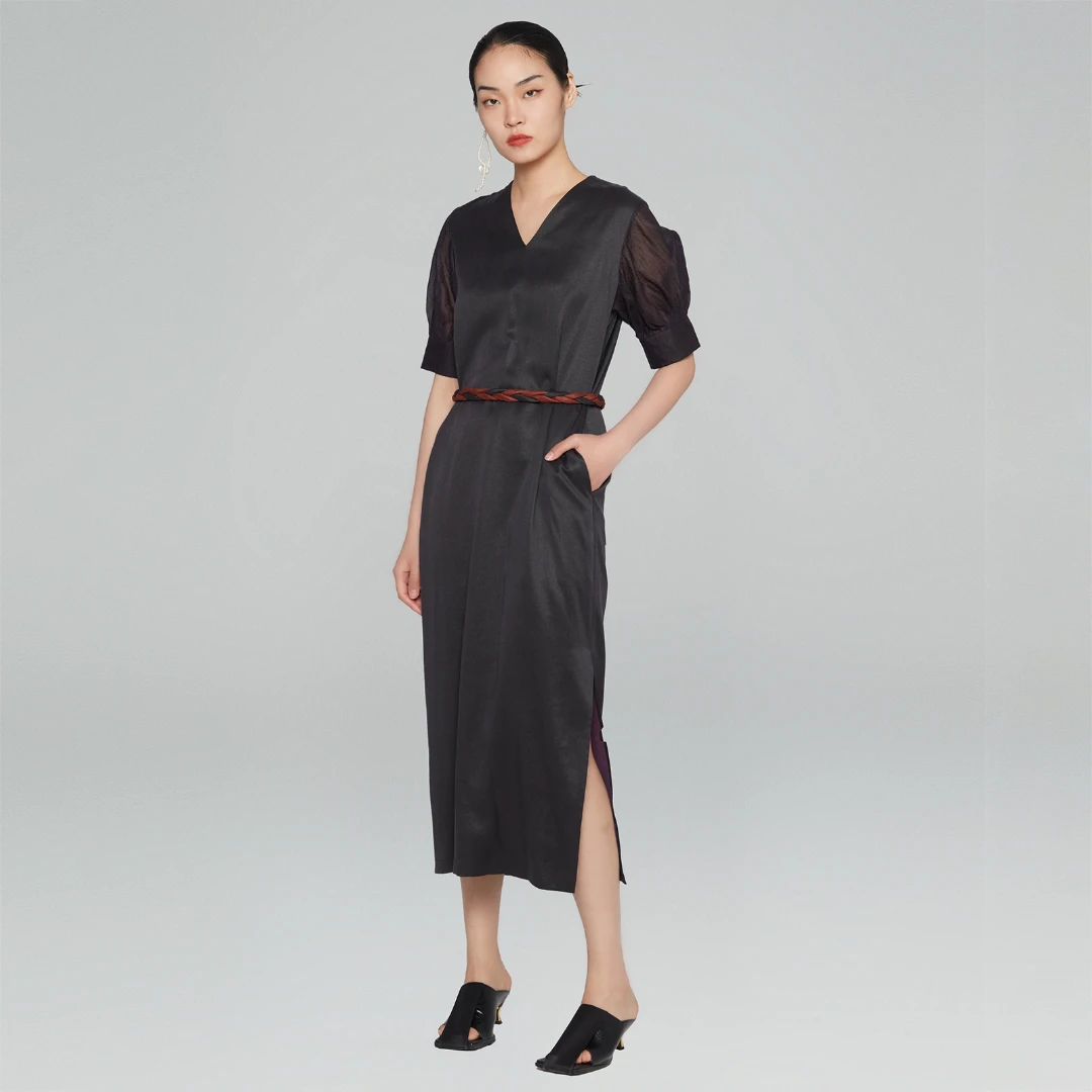 德玺见萩 紫重磅泡泡袖长裙 QZWC2L075