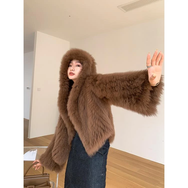 小鹿乱撞流行双面编织年轻外套女廓形连帽短款秋冬大衣
