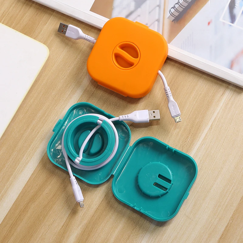 便携式可旋转带手机支架数据线整理收纳盒手机充电线耳机线绕线器