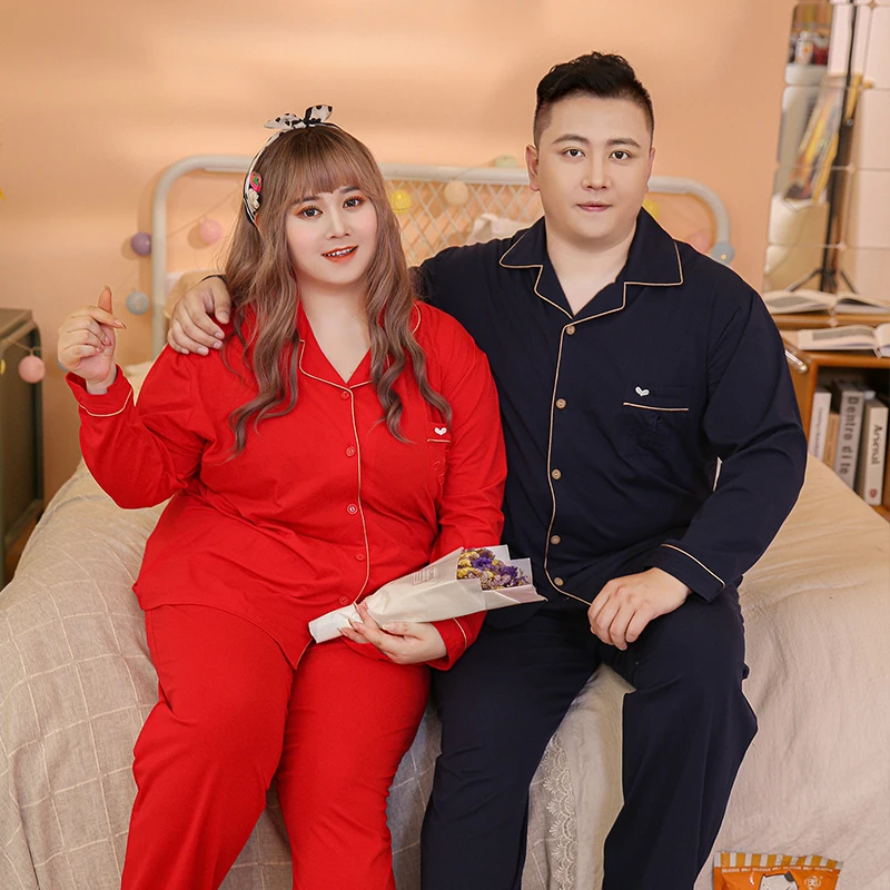 春秋男女纯棉长袖长裤纯色胖mm大码情侣结婚睡衣200斤家居服套装