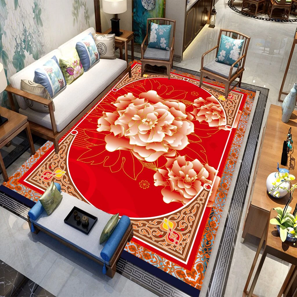 【金钻绒红牡丹】地毯中式客厅茶几地毯床边毯复古玄关大门口防滑垫