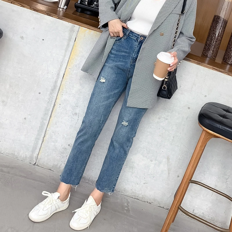 绮娑蓝色大码女装薄款2024年夏季九分新款高腰破洞弹力直筒胖mm