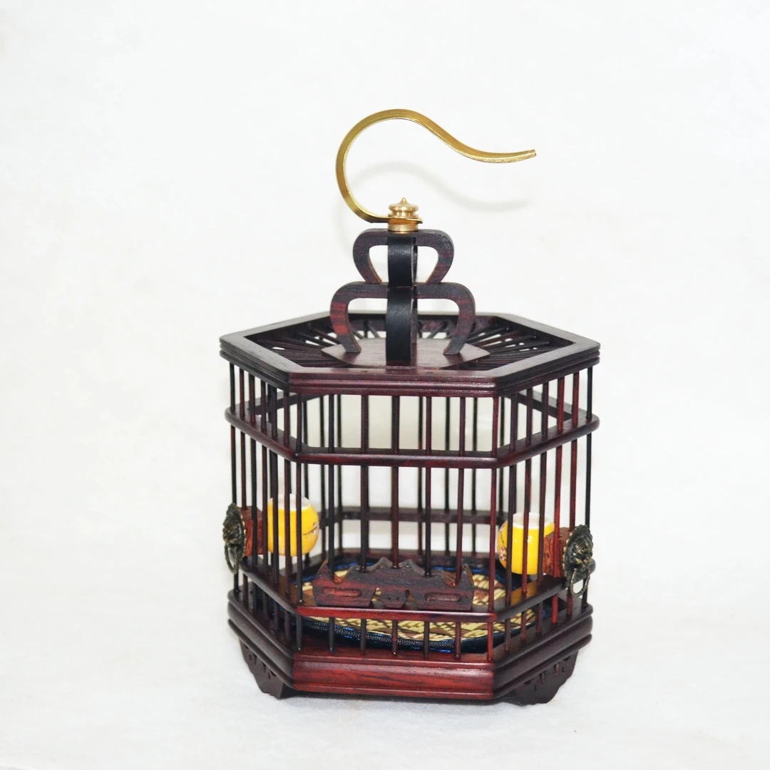 红六角蝈蝈笼带狮子头瓷盒手工制品