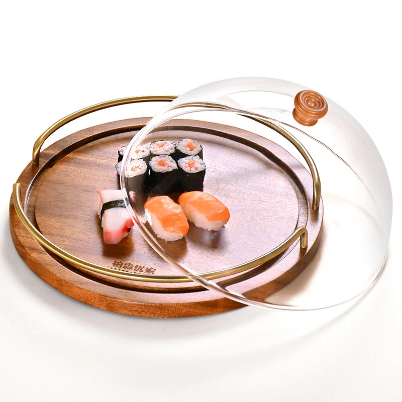 柏森优家披萨托盘实木圆形带盖提手面包水果零食点心盘木质蛋糕盘