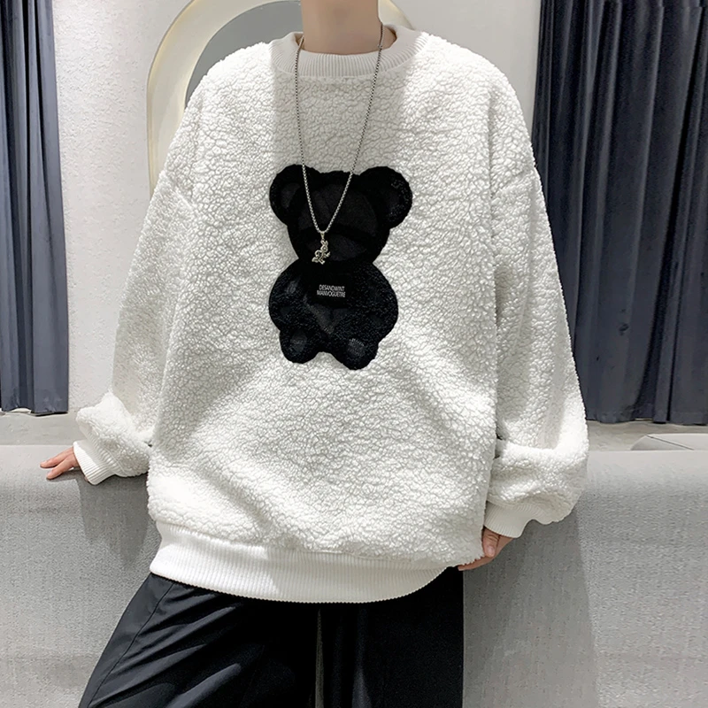 港风23新款冬季羊羔毛加绒卫衣男宽松圆领套头打底衫卡通休闲外套