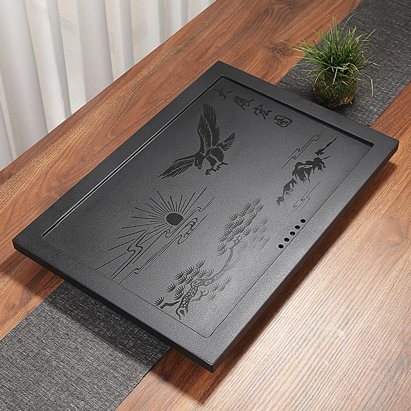 60*37天然乌金石茶盘茶桌配件内嵌入式办公家用桌面石茶台排水板