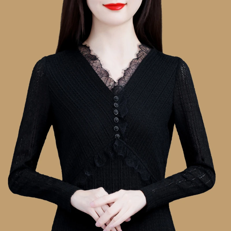 00124蕾丝长袖打底衫洋气上衣2024年冬季气质百搭显瘦小衫女