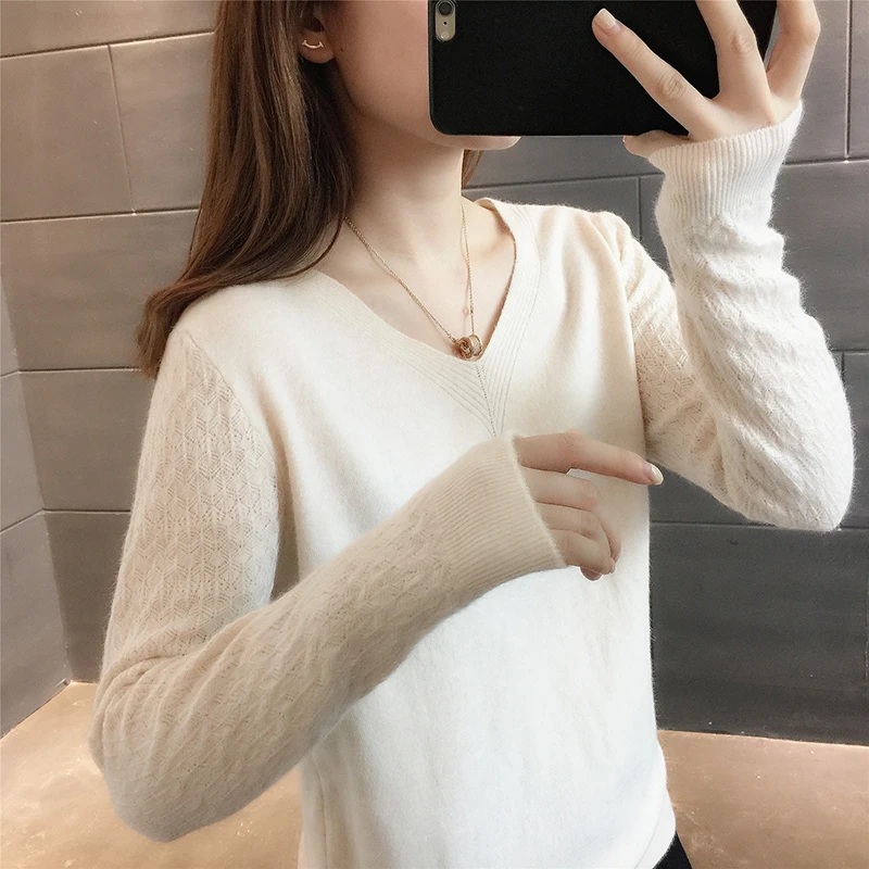 毛衣内搭2021新款女设计感女小众纯色V领镂空长袖针织衫打底上衣