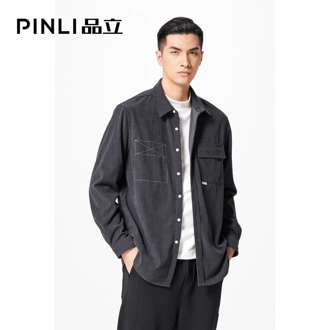 PINLI品立秋季时尚男士休闲潮流灯芯绒长袖衬衫衬衣B213613360