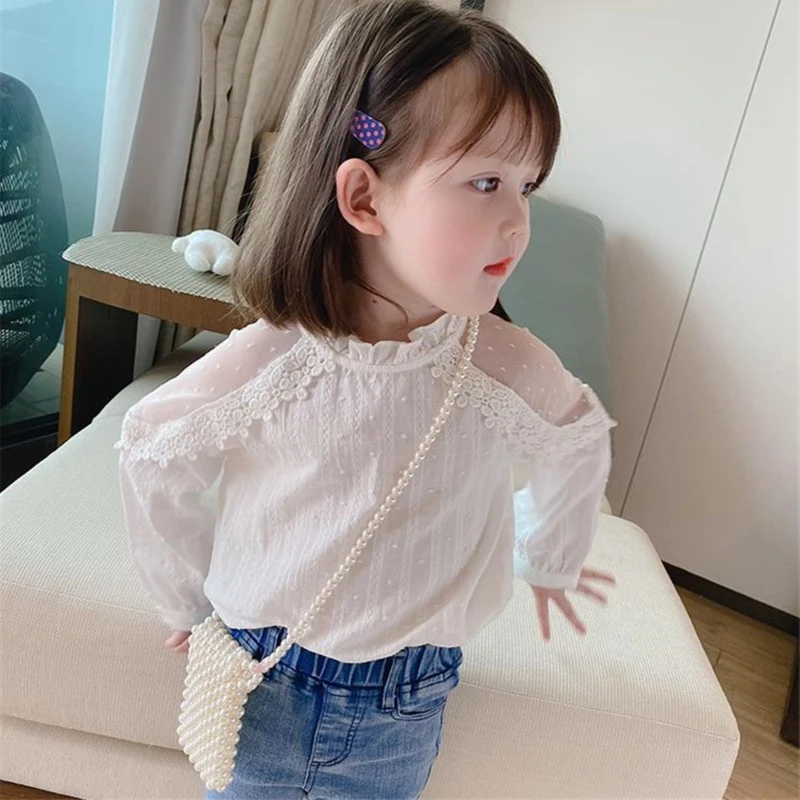 韩版童装女童2024春秋款儿童白色蕾丝长袖衬衫上衣宝宝衬衣洋气