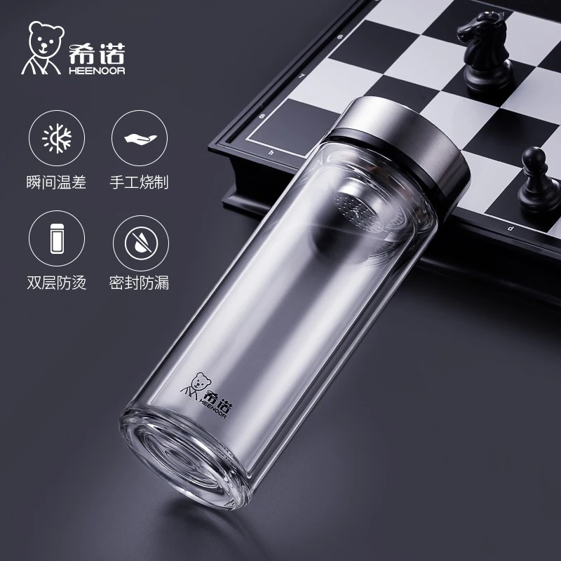 希诺双层玻璃杯高档商务水杯带盖便携双层泡茶杯子办公家用礼盒装