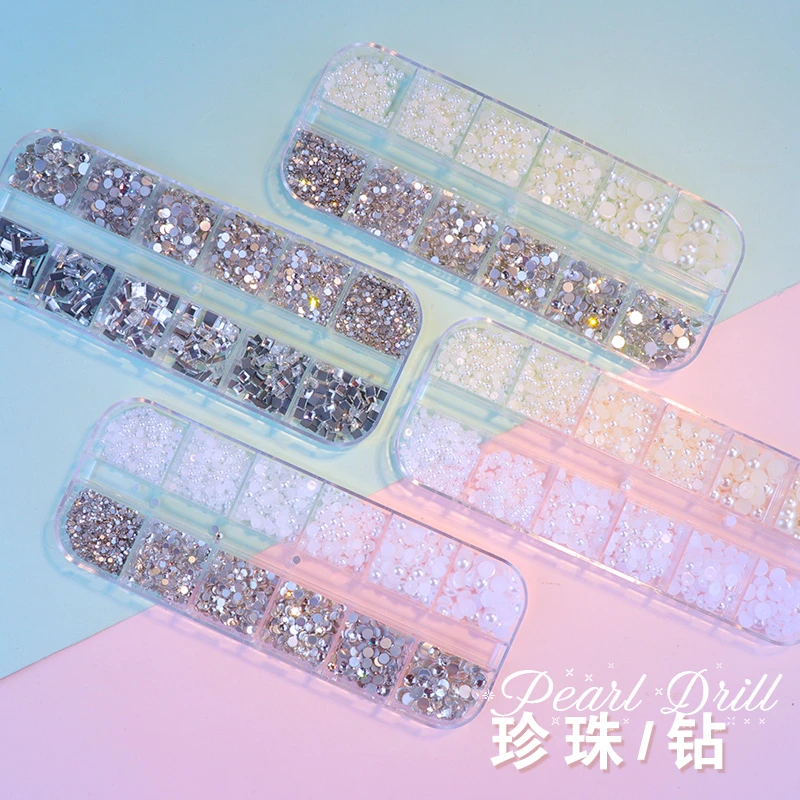 美甲饰品白色玻璃水钻指甲小钻正方形网红钻平底珍珠diy美甲配
