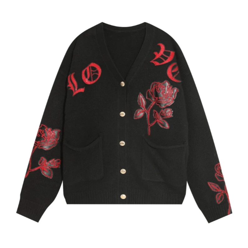 轻奢TECHNO CHILLOUT HOUSE潮牌玫瑰花烫钻黑针织开衫T21109C3005