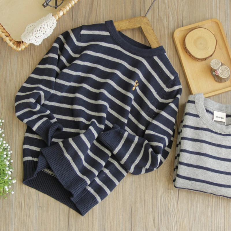 男童条纹毛衣棉线套头衫针织衫儿童休闲春秋上衣小孩圆领毛衣