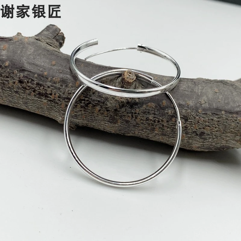 谢家银匠 足银耳饰 光面圆环银饰  日韩圆圈耳饰耳环气质耳圈