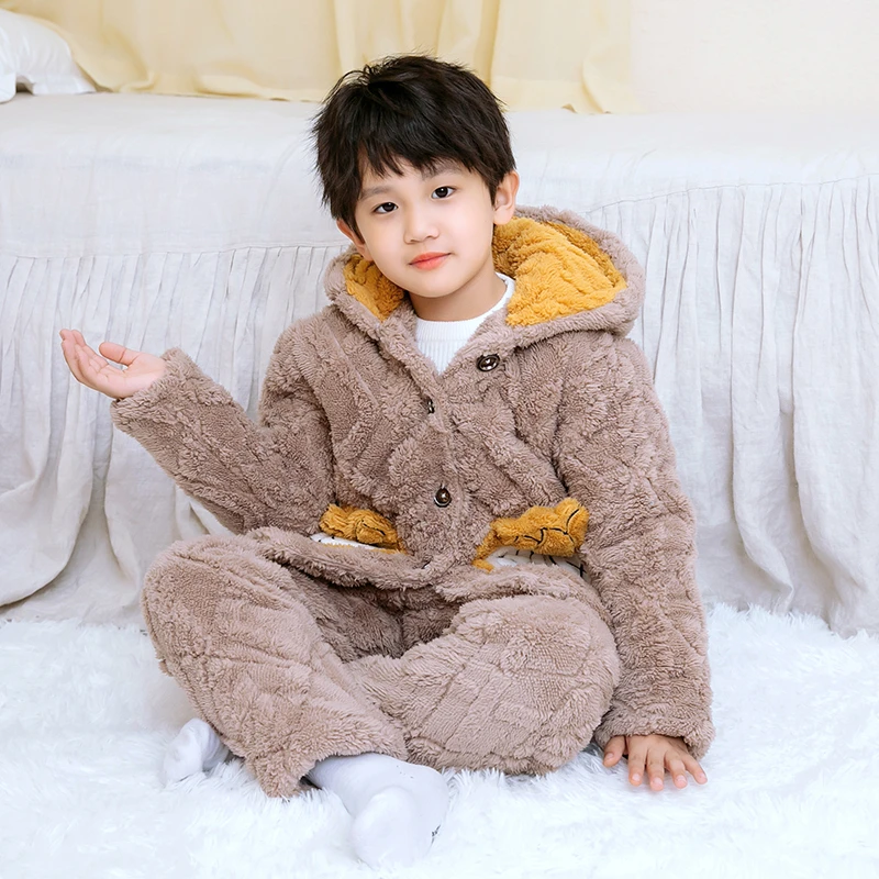 宝宝秋冬季男女童米粒绒加厚加绒儿童家居服睡衣两件套保暖外穿