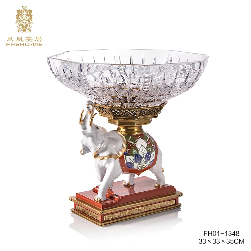 FH&HOME/凤凰美居欧式透明水晶玻璃财象果盘陶瓷手绘工艺品圆形盘