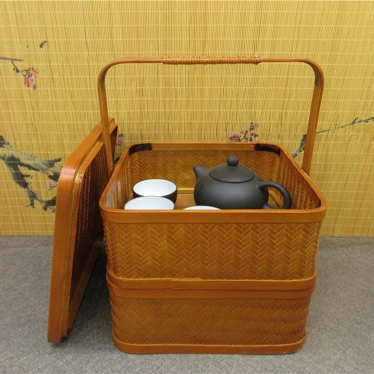 竹编提篮收纳双层食盒收纳盒水果点心盘