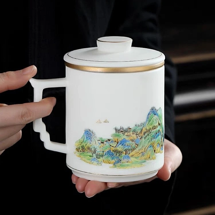 千里江山陶瓷描金办公杯带把办公室羊脂玉瓷泡茶大容量茶水分离杯
