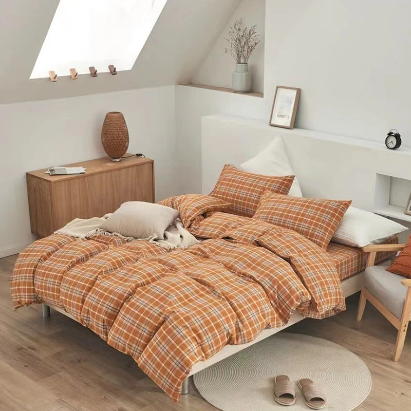 暖阳-桔黄加大款床裙款全棉色织水洗棉四件套简约高温水洗柔软