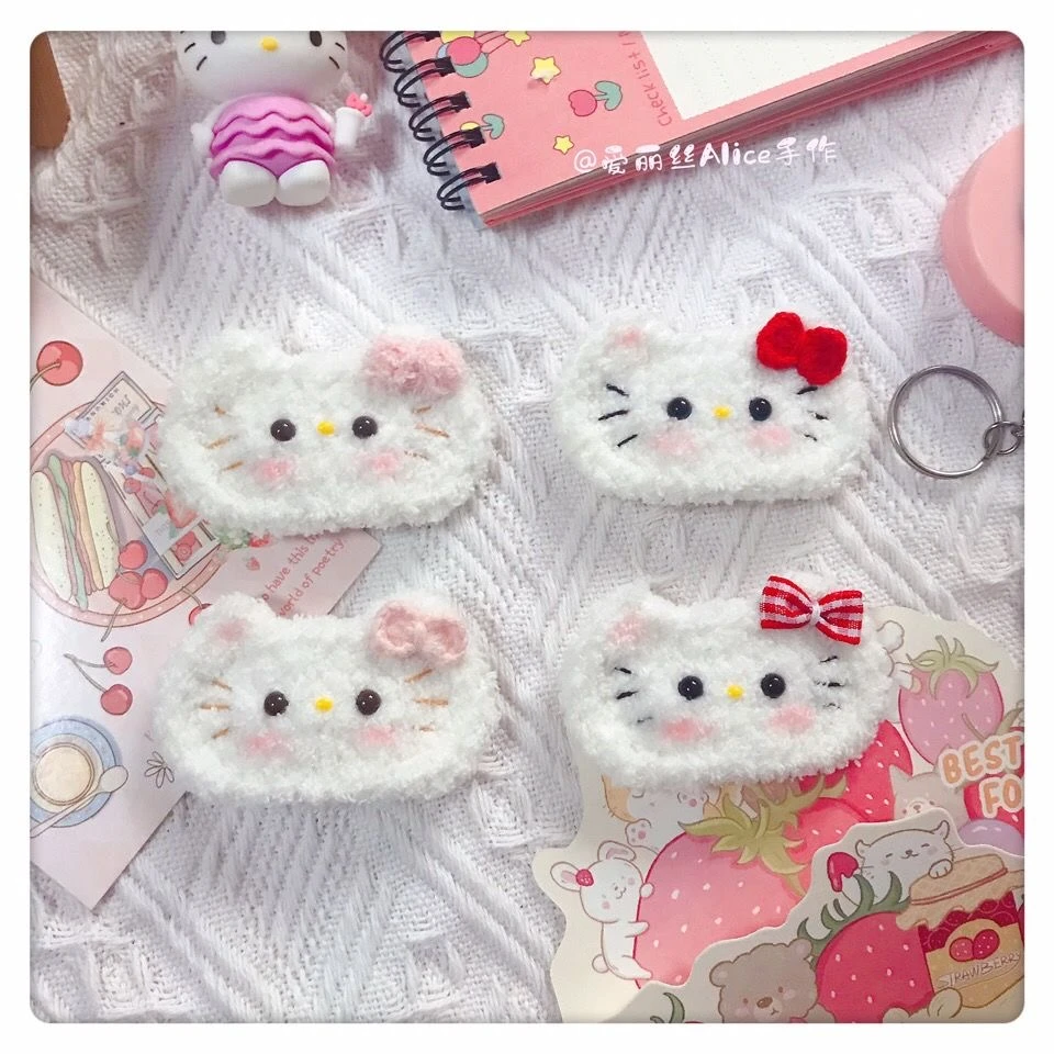 秋冬款毛绒发夹hellokitty猫咪发卡手工自制可爱少女绒绒线边夹