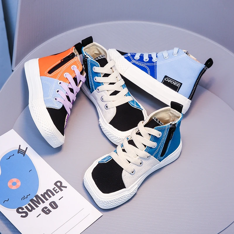 儿童帆布鞋春秋款韩版高帮魔术贴拼色休闲单鞋方头软底男童女童鞋