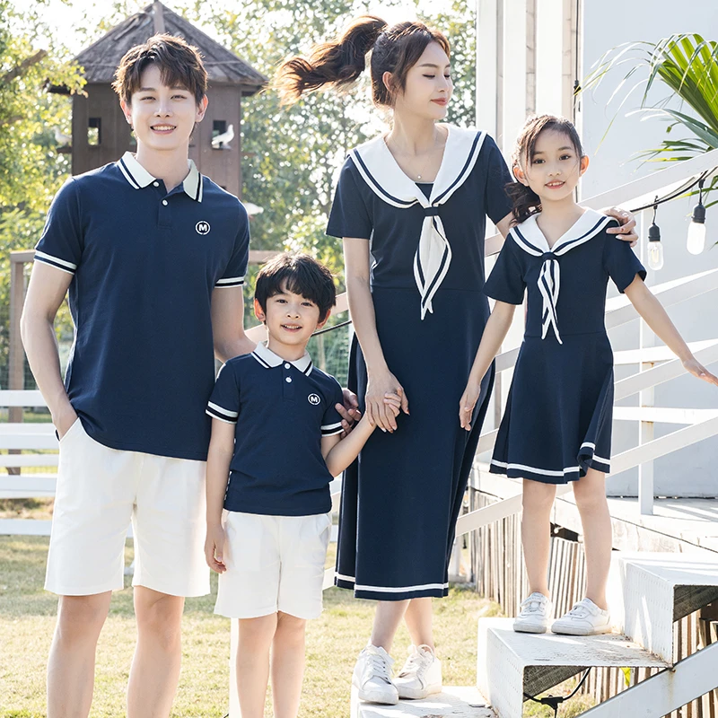 2024夏季新款洋气母女连衣裙一家三口四口翻领亲子套装  YY516