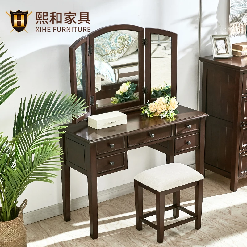 美式实木梳妆台简约化妆台化妆桌卧室家具水性漆N03