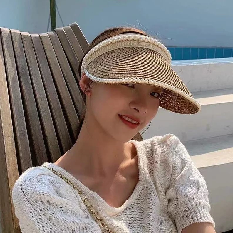 珍珠发箍草帽女夏天防晒帽新款百搭太阳帽子遮阳防晒紫外线鸭舌帽