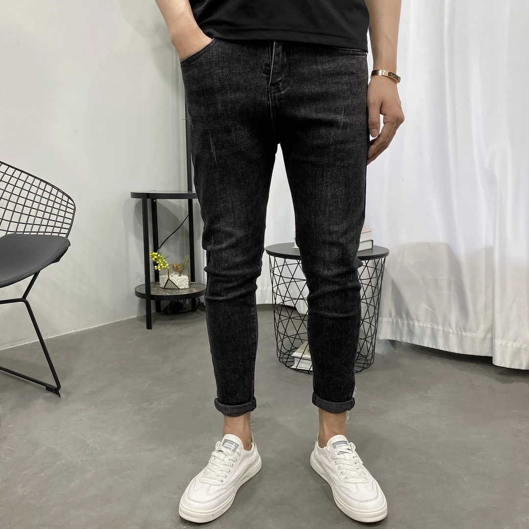 一条百搭的黑色小脚九分牛仔长裤男潮新美式弹力中低腰微跨老爹裤