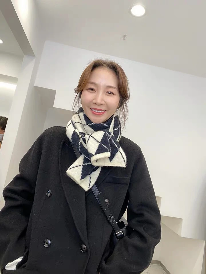 widelia28220秋冬韩版黑白格秋冬季围巾女男女同款针织围巾百搭