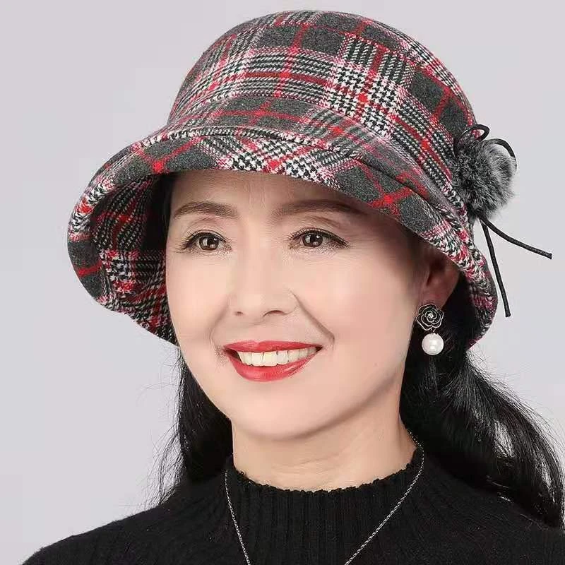 帽子女秋冬季2024新款盆帽渔夫帽卷边格子毛呢中老年妈妈帽大头围
