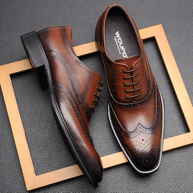 6058布洛克真皮方头商务正装皮鞋男英伦风牛津鞋棕色新郎结婚鞋潮