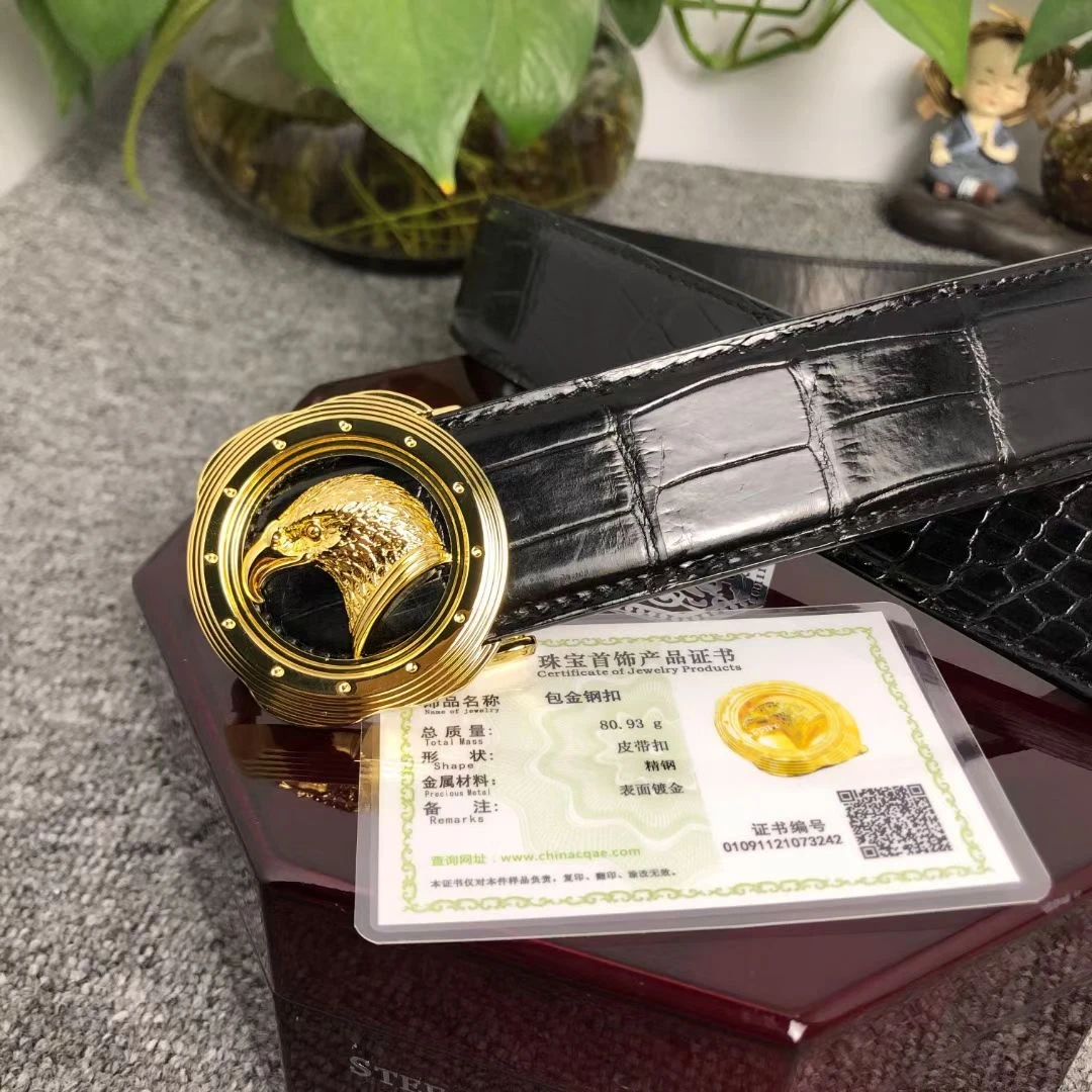 爆款高端定制尼罗鳄鱼皮腰带24K包金扣男士皮带时尚黑色真牛皮