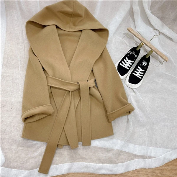 连帽羊毛大衣女短款韩版宽松收腰系带毛呢外套休闲上衣8872