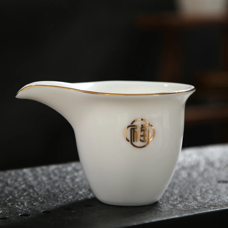 化腾羊脂玉公道杯白瓷描金茶海茶具分茶器加厚防烫公杯倒茶器家用