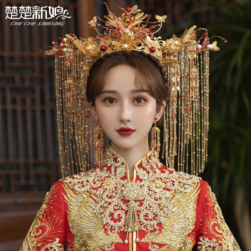 锌合金合成锆石婚庆饰品 秀禾凤冠流苏头饰结婚中式秀禾服发饰