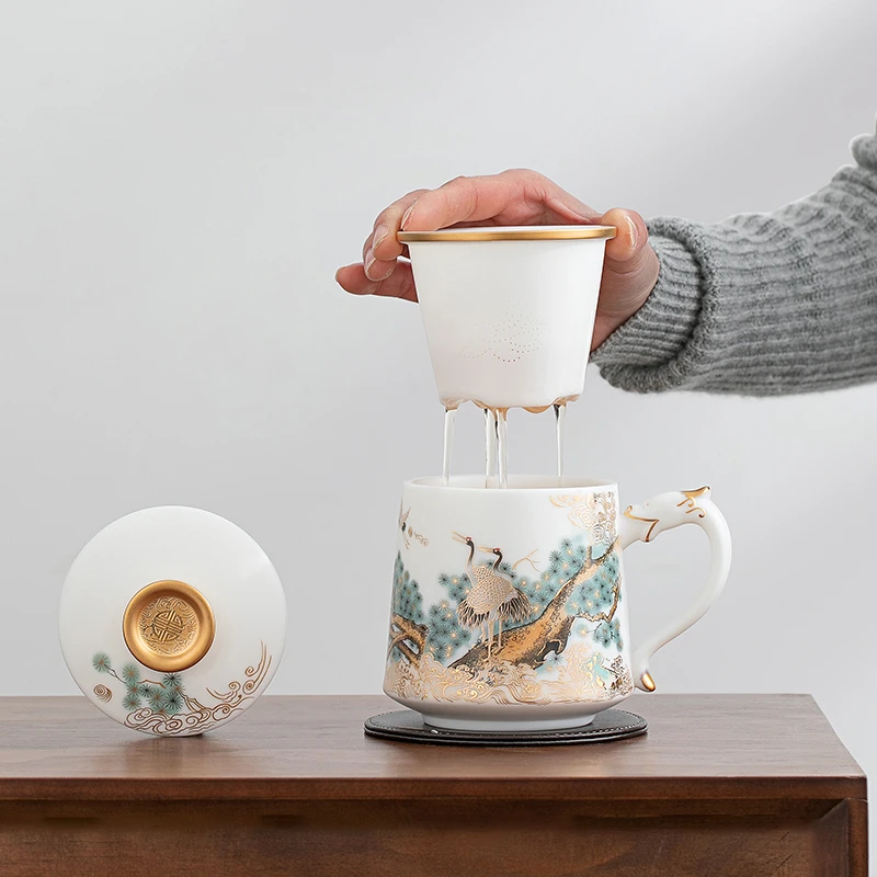 新视觉茶器  羊脂白瓷办公杯陶瓷带盖过滤个人泡茶杯高档礼品水杯