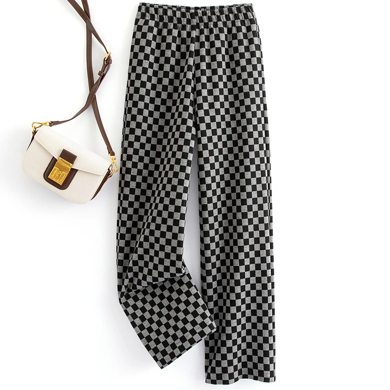 008秋冬阔腿裤加厚绵羊毛棋盘格阔腿裤女宽松格子高腰直筒裤