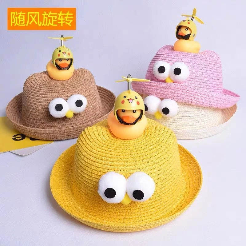 儿童旋转竹蜻蜓帽草帽防飞沫宝宝风扇帽子亲子太阳帽渔夫帽可爱萌