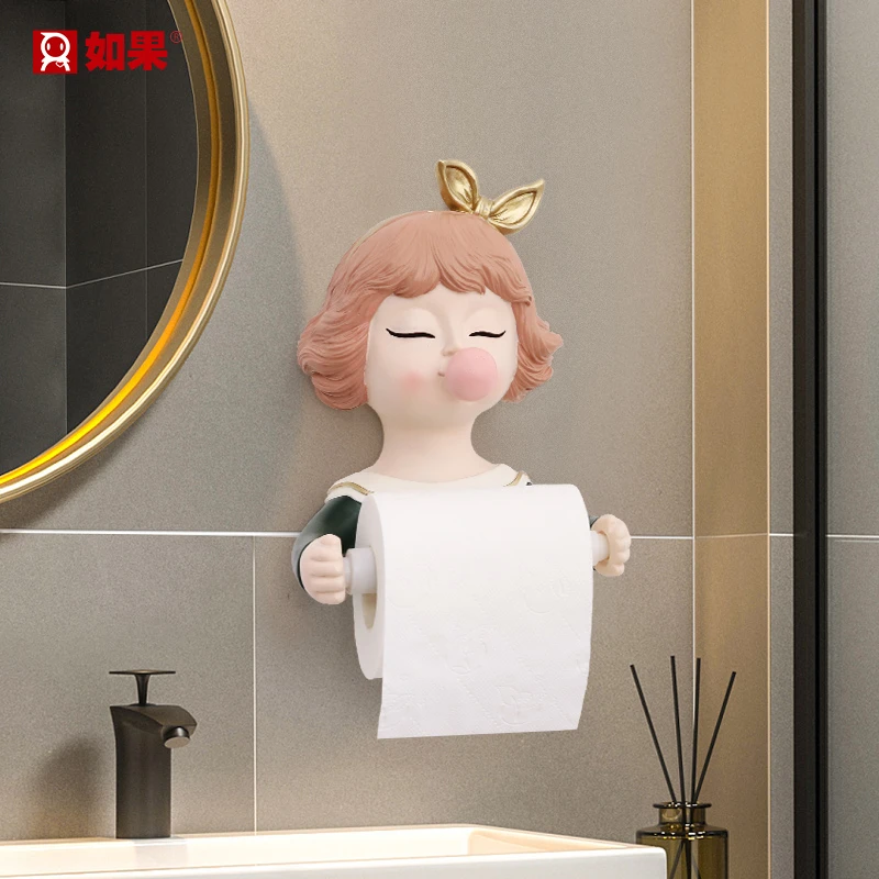 ROOGO/如果泡泡女孩卫生间卷纸筒手绘洗脸巾置物架客厅卧室装饰架