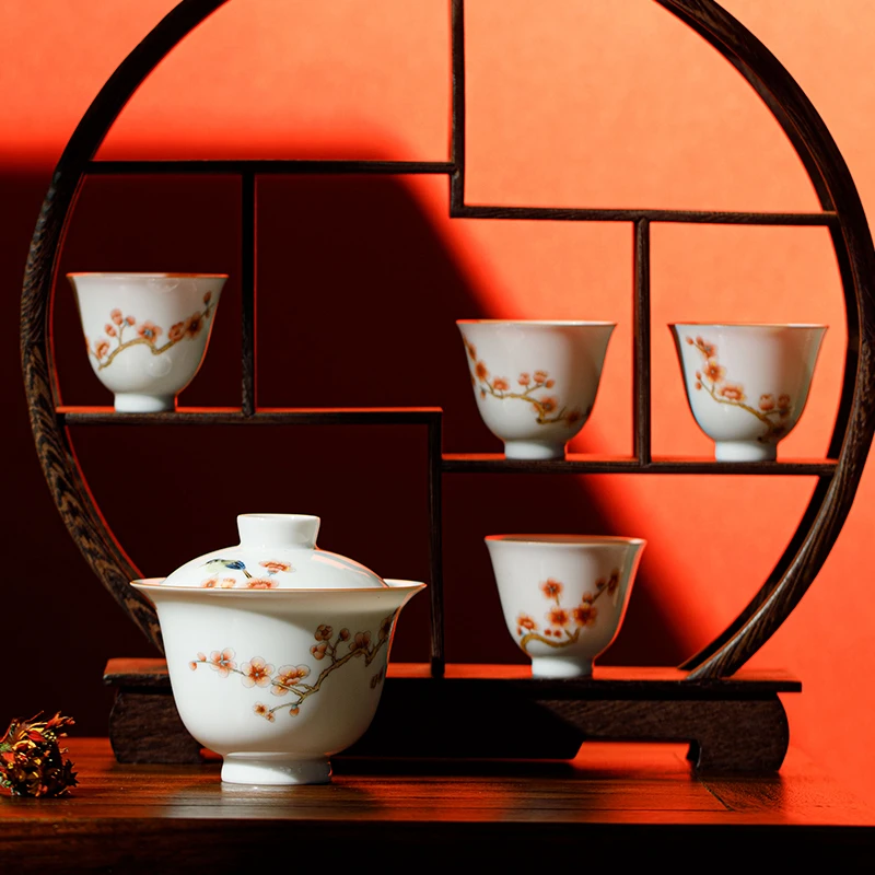 观复新彩喜上眉梢盖碗套装 手绘铃铛形茶杯 茶具 陶瓷 茶碗 中式